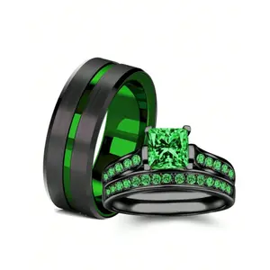 Set of 2 silver-plated couple rings with romantic green Cubic Zirconia stones for women, plain green silver rings for men, jewelry as gifts for lovers, gifts for couples on Valentine's Day