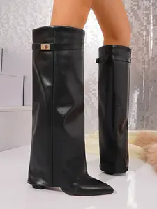 Women's Shark Lock Fold Knee Boots, Wedge High Heel Design, Zipper Closure, Round Toe, Luxury Fashionable Footwear, Classic