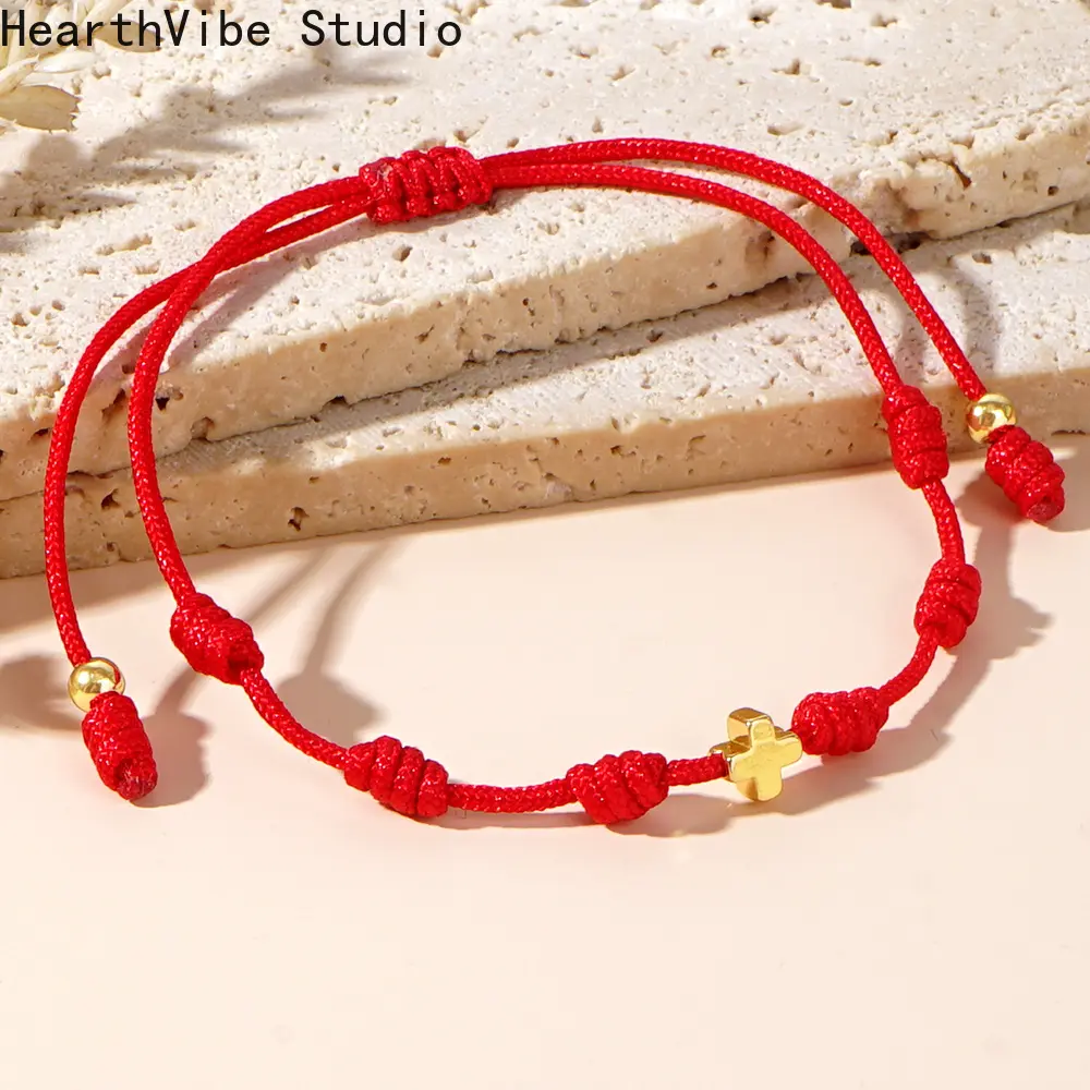 Unisex Bohemian Minimalist Red String Elastic Band Sports Wristband Bracelet - 4mm Vacuum-Copper Beads, Cross, Peruvian Knot, Adjustable Band, Daily Wear, Ideal Lucky Gift, Band Sports Wristbands