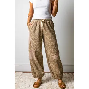 Khaki Leopard Print Star Patched Drawstring Elastic Waist Jogger Pants