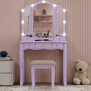 Purple Vanity Desk with Mirror and Lights Purple Vanity for Girls Makeup Vanity Desk with Lights Vanity Table with Lighted Mirror Make Up Vanity Desk with Drawers and Chair Set