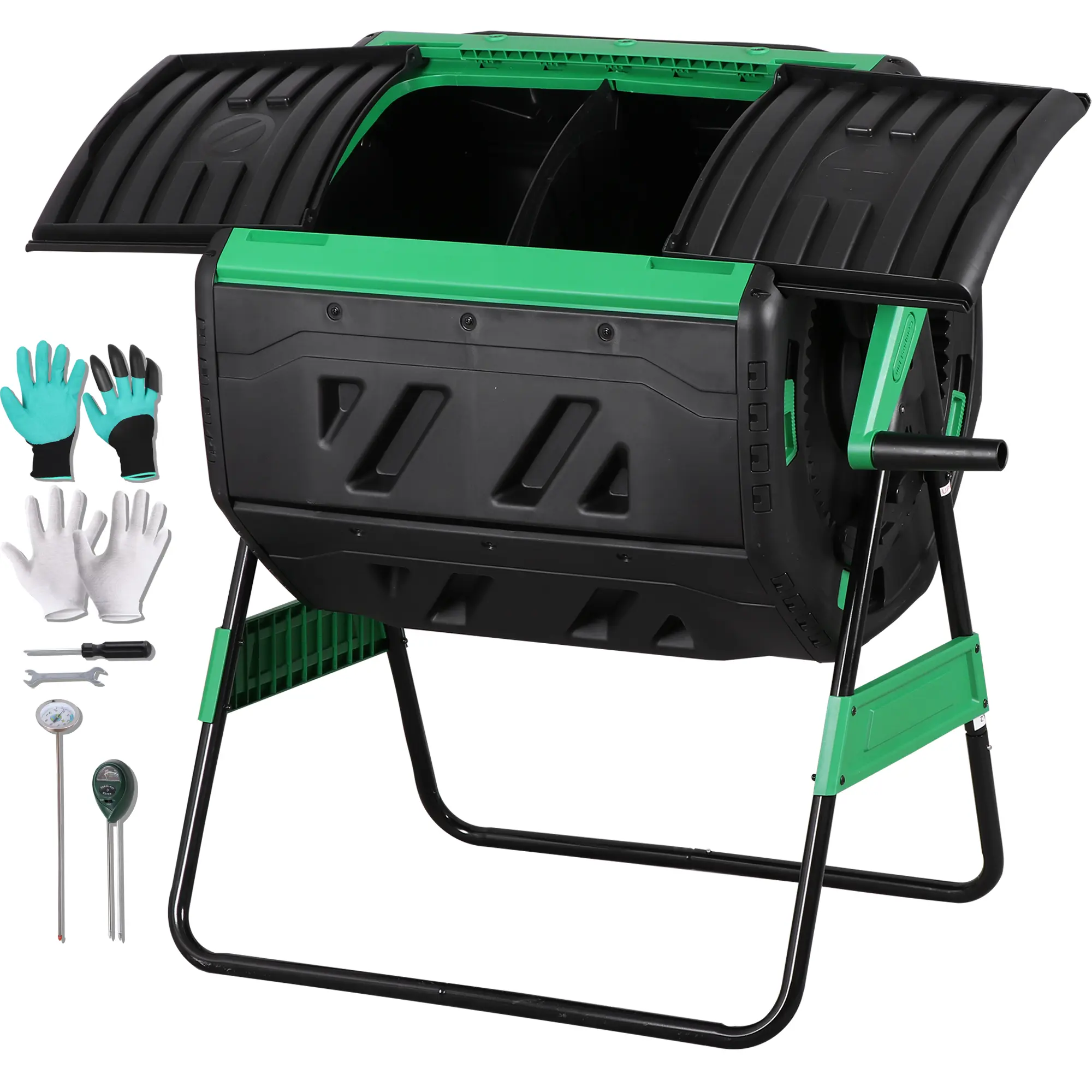 SUPERDEAL 53gal Dual Chamber Plastic Rotatable Compost Tumbler - BPA-Free Outdoor Composter with 8 Adjustable Vents, 2 Sliding Doors, Metal Frame - Fast Bin for Kitchen Scraps, Garden Waste, Thermometer