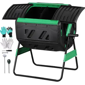 SUPERDEAL 53 Gal Dual Chamber Compost Tumbler Outdoor - BPA-Free Rotating Composter with 8 Adjustable Vents, 2 Sliding Doors & Metal Frame - Fast Composting Bin for Kitchen Scraps, Garden & Yard Waste