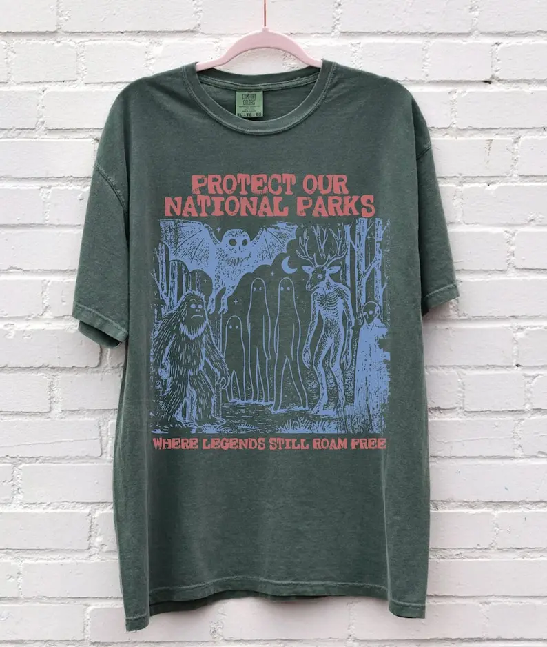 Comfort Colors Cryptid National Parks Shirt, 90s Protect Our Parks Vintage Camping Tee, Retro Wanderlust Fantasy Creatures Top, Gorpcore Outdoorsy Hiking Apparel, Womenswear's Top, Graphic Tee