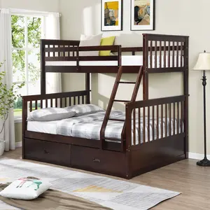 Twin Over Full Bunk Bed with Storage Drawers, Wooden Bunk Bed with Ladder and Safety Guard Rails, Espresso Finish, Space-Saving Kids Bedroom Furniture, Twin/Full Size Bunk Beds for Children's Room, Durable Wood Construction, Easy Assembly