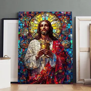 Jesus Stained Glass Icon Pattern Unframed Wooden Painting, Modern Art Religious Poster, Wall Art Decor Religious Decoration for Home Living Room Bedroom Office, Ornaments, Gift- Unframe