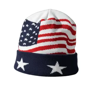 Patriotic USA Beanie - Handcrafted Knitted Hat with Bold Stars and Stripes Design for Warmth and Comfort, One-Size-Fits-All, Perfect for Any Season