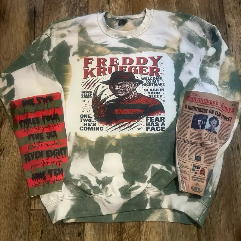 Freddy Krueger Crewneck Sweater - Nightmare on Elm Street Design with Bleached Green and White Pattern