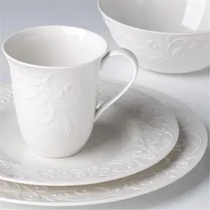 212 MAIN Lenox Opal Innocence Carved 4-Piece Porcelain Dinnerware Set, Casual Microwave-Safe Porcelain Dishes Set Including Tableware Bowls and Dining Plates