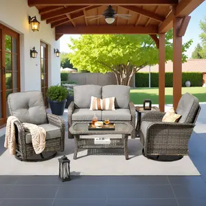 【2 Packages Shipping】Ovios 5 Pieces Patio Furniture Set with Outdoor Wicker Sofa, Swivel Chairs, Coffee Table & All Weather High Back Rattan Loveseat Couch with Comfy Cushions
