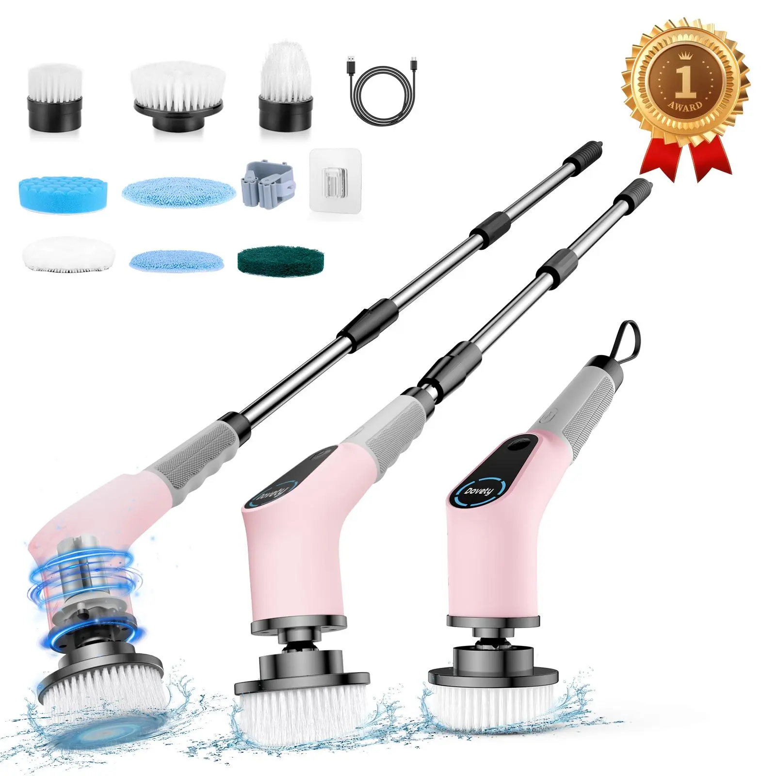 【Dovety×Girl Pink】 Electric cleaning brush, with 8 Replaceable Brush Heads, 2 Adjustable Speeds, 3 Adjustable Extension&detachable Handle,scrubbing brush, power scrubber, for Bathroom, Kitchen, Floor Portable Multifunction Household Items