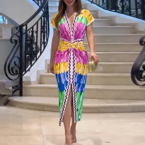 ChicMe Women's Multi-color Print Deep V-Neck Front Slit Dress Casual Twist Front Cinched Waist Vacation Dress