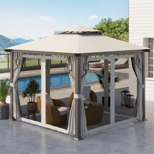 Cream White Outdoor Gazebo 10x10ft Double Ventilated Roof 16 Support Stakes for Residential Yard Outdoor Daily Relaxation