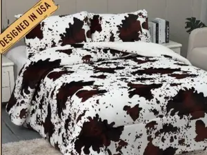 Oversized Cow Print Sherpa Blanket 3 Piece Set – Ultra Soft Western Plush Bedding with Pillow Shams – King & Queen Cozy Winter Comforter Style