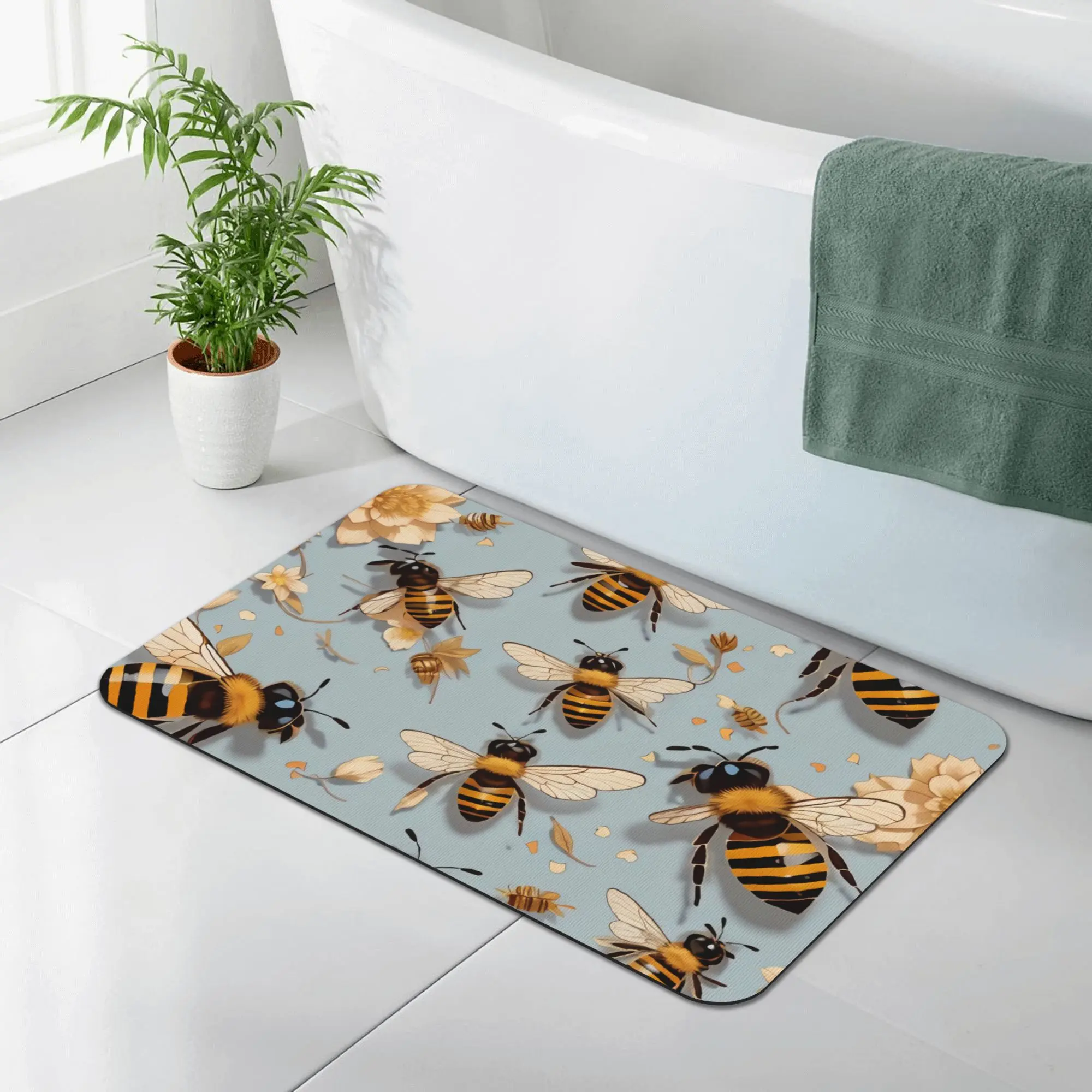 Whimsical Bee & Flower Diatomaceous Earth Doormat, Super Absorbent, Quick Drying Bath & Kitchen Mat, Non Slip Entryway Rug, Easy Clean, 16x24 inch