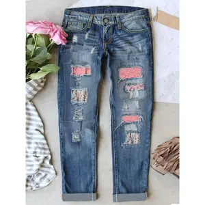 Women’s retro-style denim pants, plus size, ripped printed patchwork distressed whiskered casual streetwear jeans, blue spandex