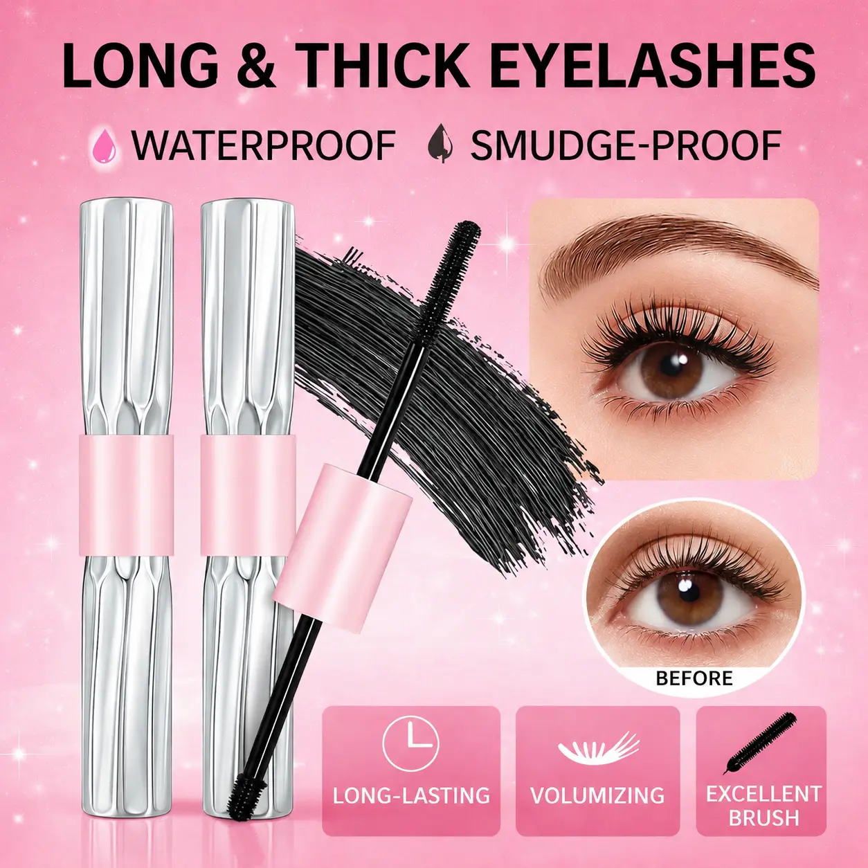 Double-Ended Cosmetic Mascara, 2-in-1 Daily Makeup Lengthening & Volumizing Mascara, Waterproof, Smudge-Proof, Long-Lasting Curling, Black