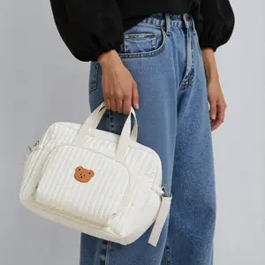 Cute Bear Embroidery Diaper Bag, 1 Count Baby Diaper Storage Bag with Handle, Baby Travel Essentials, Newborn Essentials, Baby Stuff Storage Bag, Multifunctional Diaper Bag