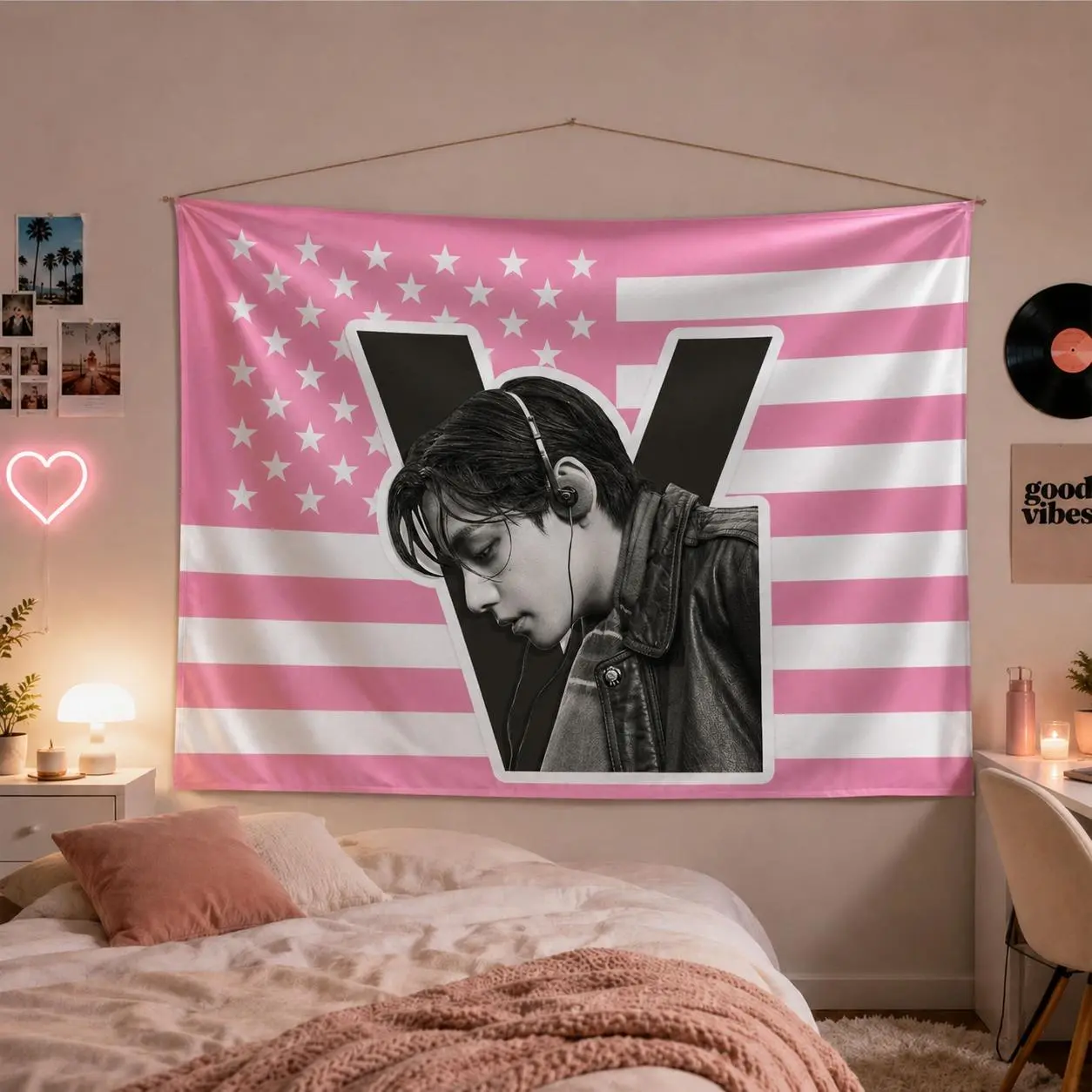 Kpop Idol Tapestry, Letter V Fan Room Decor, Pink Flag Portrait Wall Hanging, Gift for Kpop Fans Birthday Dorm Decor