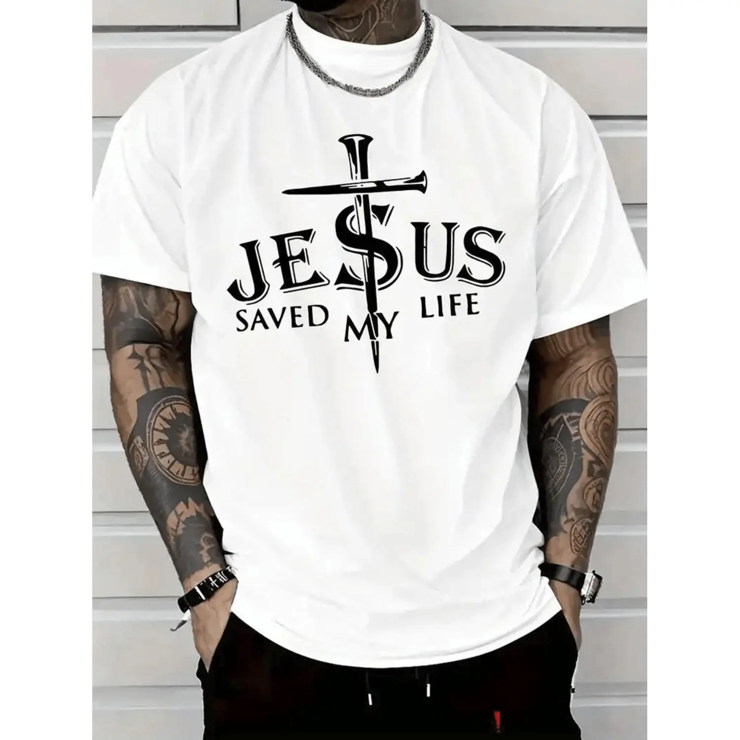 Men's Graphic T-Shirt with Cross Print, a 100% Cotton Relaxed Fit Shortsleeve Top for Casual Menswear