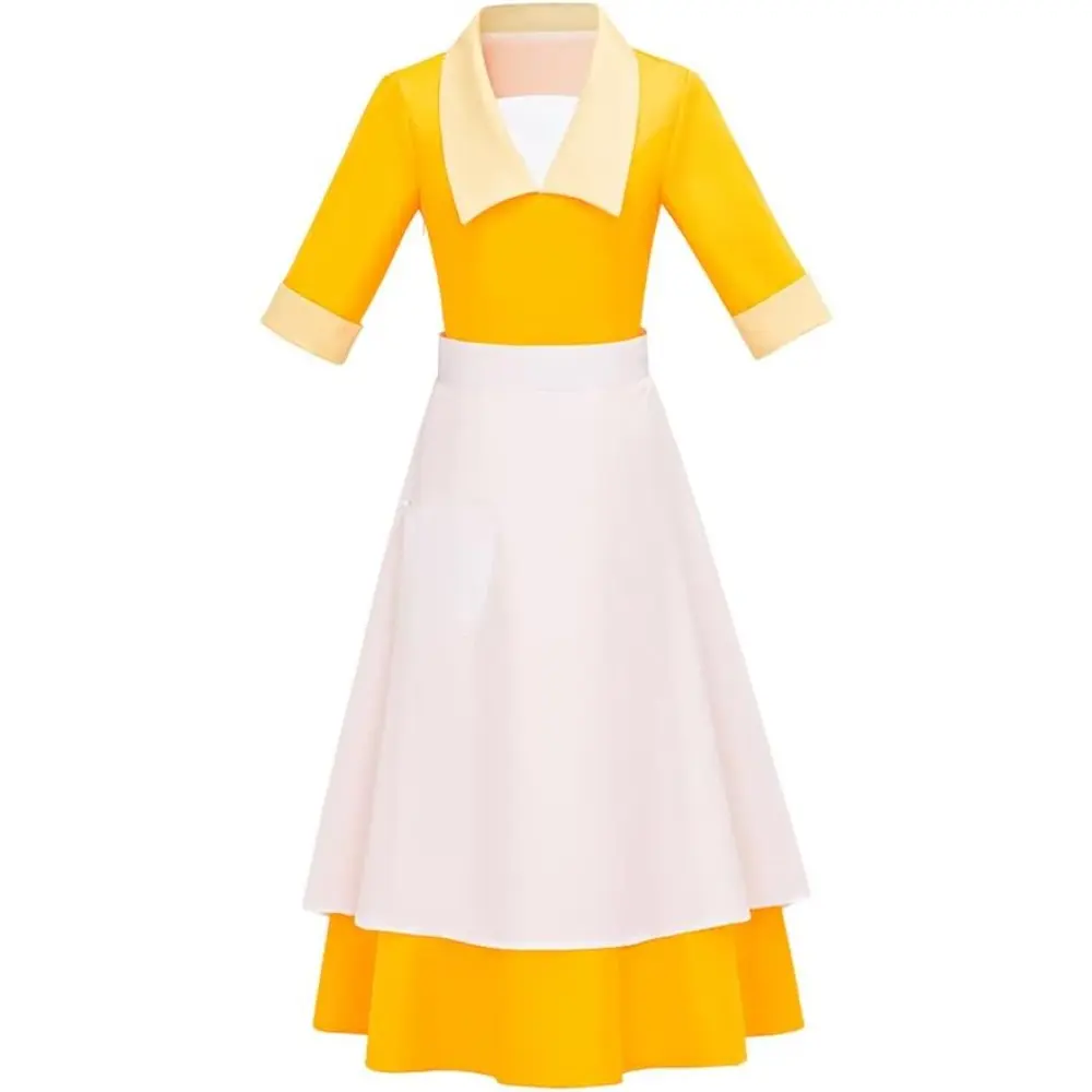 Women's Traditional Yellow Long Sleeve Fitted Housemaid Dress - Elegant Classic Vintage Lace-Accent Gown, Modest Tailored Servant Costume for Historical Reenactments, Authentic Fastenings, Hip-Flat, Low-Iron Polyester, Hand Wash, 2XL, 3XL