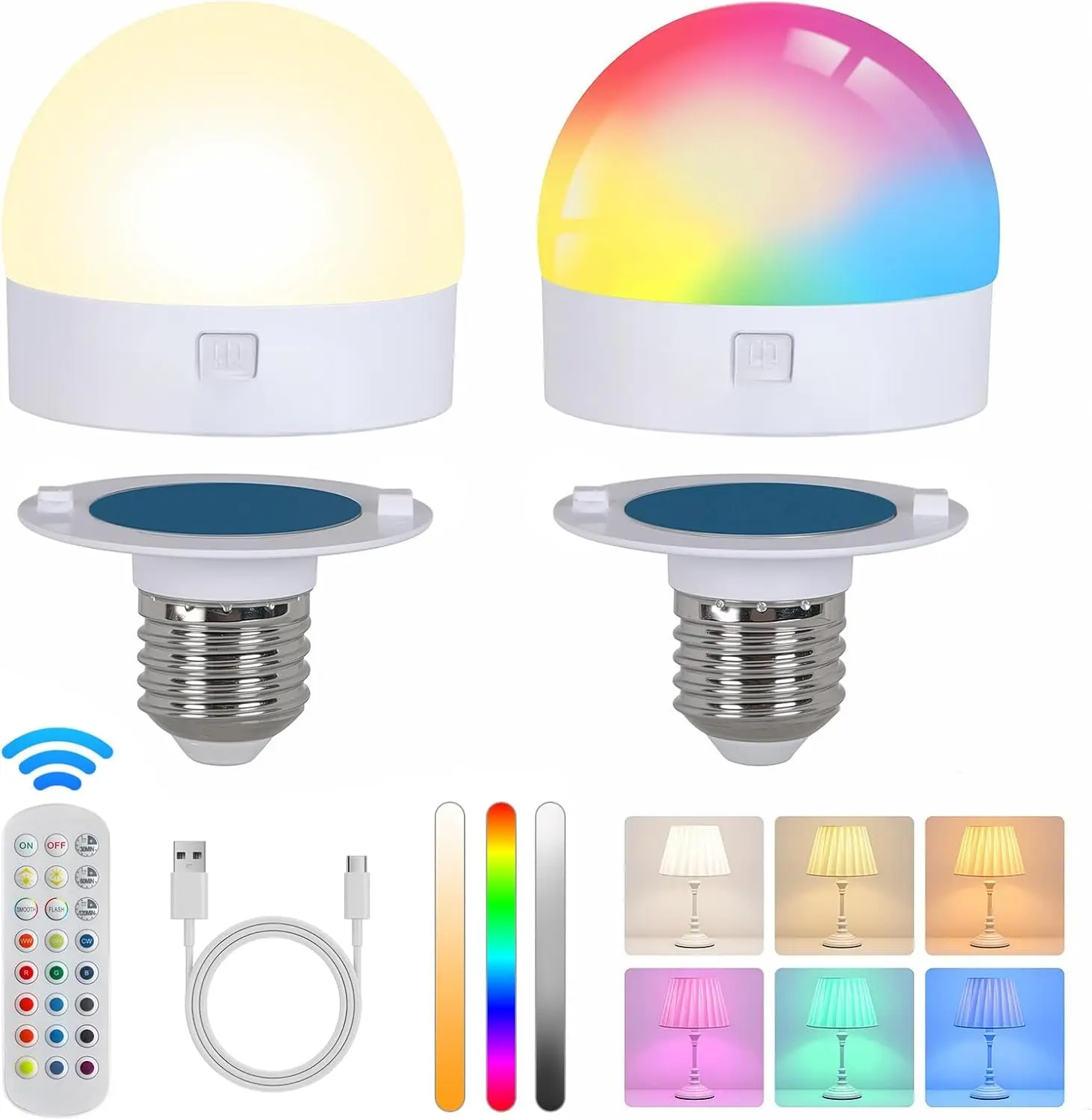 Rechargeable Light Bulbs with Remote Control, 3600mAh E26 Base  OperatedLED Bulb for Lamp Sconce, 300LM 15 RGB Lights Dimmable Timer   Led Light Bulb, 2 count
