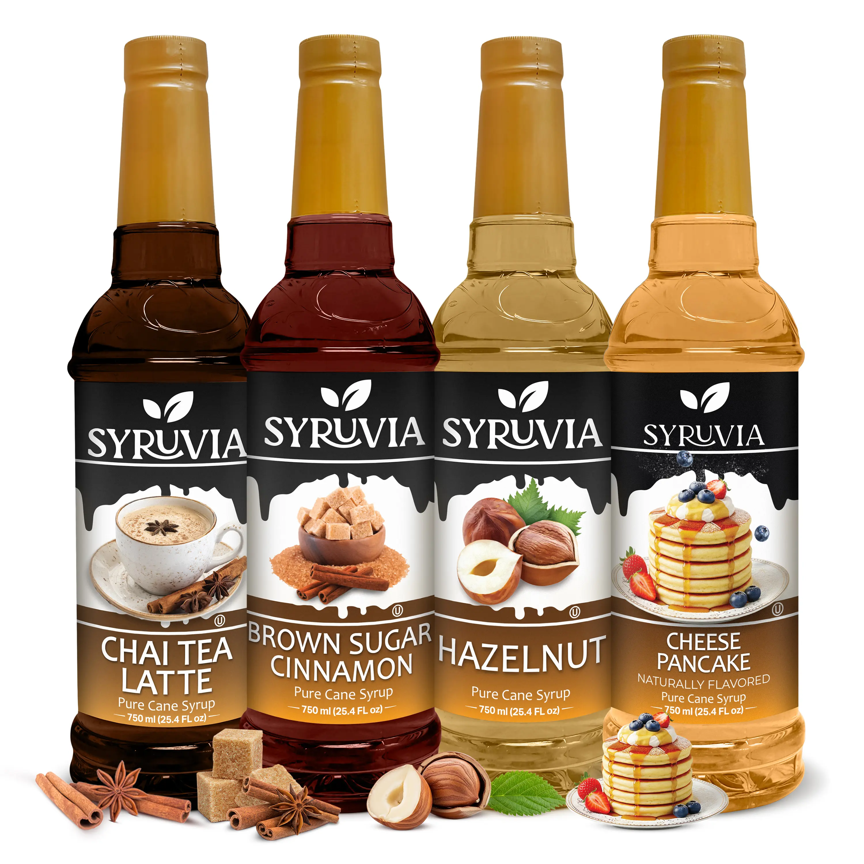 Syruvia Warm-Sweet Flavor Cane Sugar Gluten-Free Syrup 4-Pack - Chai Tea Latte, Brown Sugar Cinnamon, Hazelnut, Cheese Pancake Flavors - Coffee Prep Mix, Desserts Use - 25.4 fl oz Bottles