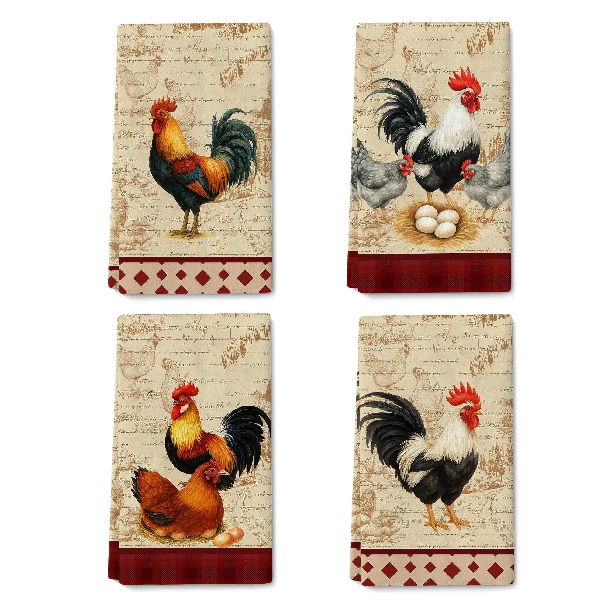 Chicken & Rooster Kitchen Towels Retro Farmhouse Dish Towels Set of 4, Absorbent Vintage Rustic Hand & Tea Towel, Rooster Kitchen Decor, Chicken Gifts for Women