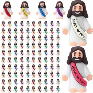 50/100PCS Mini Jesus Figures Multicolor Original Design Jesus Loves You Little Christ Rubber Hide and Seek Toys Religious Gifts Easter Egg Stuffers Christmas Sunday School Baptism Party Favors