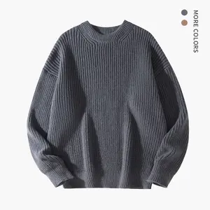 SAND SOUND Men's Grey Plain Round Neck Knitted Pullover Sweater - Fashion Long Sleeves Polyester Tops, Thick Crewneck Outfits, College Style Casual Classic Soft Patchwork Base Outerwear for Fall