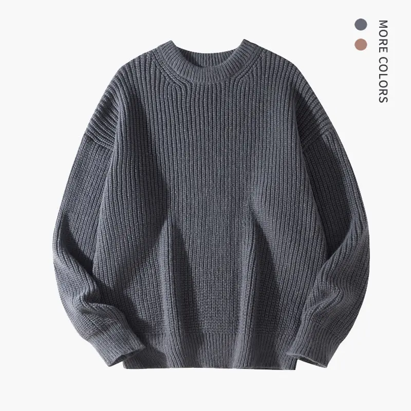 SAND SOUND Menswear Grey Plain Round Neck Long Sleeve Knitted Pullover Sweater - Collegiate Men's Pullover, Cozy Men's Sweatshirts, Thick Crewneck Polyester Casual Clothes, Fall Soft Outerwear
