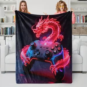 Neon Red Dragon Gamepad Flannel Blanket, 3d Digital Printed Cover Blanket, Skin-Friendly and Warm Gaming Blanket, Cyberpunk Design, Cozy Gift Blanket For Gaming Room Decoration, Lightweight and Durable, Suitable For Sofa Bed