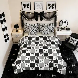 Bowknot 7 Piece Bedding Set,Grid Comforter Set with Sheets Cute Girly Geometric Plaid Check Bed in a Bag Aesthetic Kawaii Ribbon Bow Black for Kids Girls Women