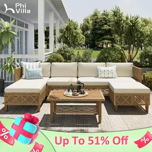 Phivilla Boho Wicker Patio Furniture Sofa Set, 3-6 Seaters, Outdoor Rattan Sectional Sets Conversation Set - Weather-Resistant, with Dual Storage Coffee Table Acacia Wood Legs for Garden, Patio & Deck,Spring Glow Up