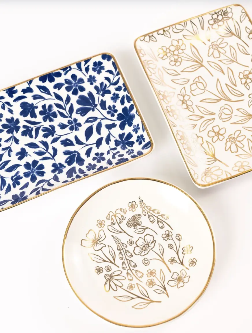 Trinket Dish | Ceramic | Floral, Gold Luster Details | Home Decor