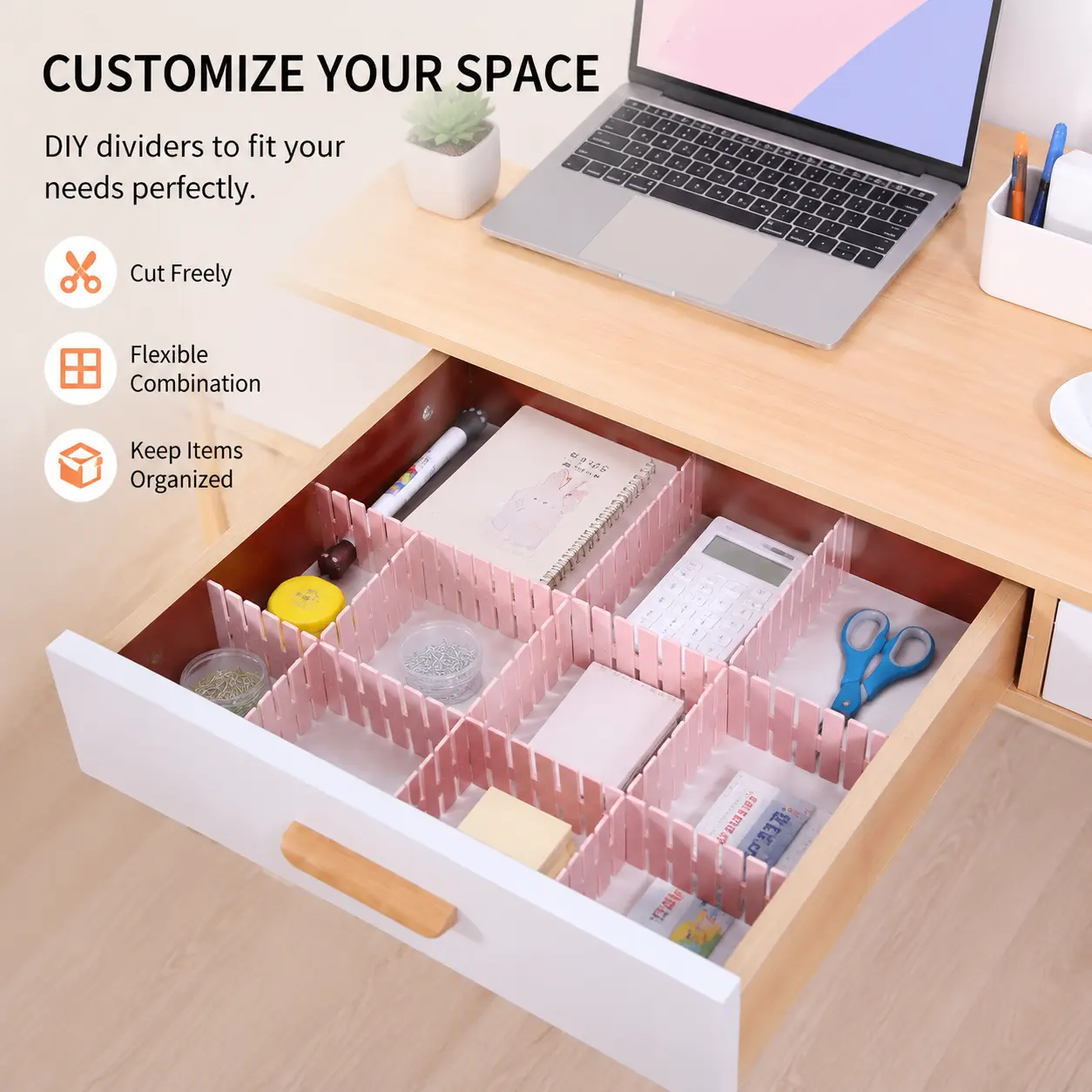 4 Counts, DIY Cuttable Drawer Divider Plastic Partition Strips for Drawer and Desktop Home Office Storage Organization