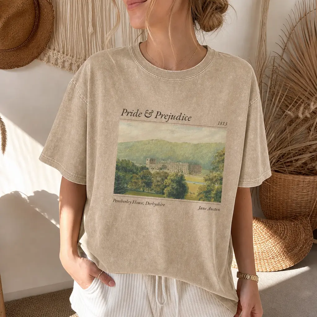 Pride and Prejudice Graphic Tee for Women, Washed Cotton Oversized Classic Reader Shirt S-5XL