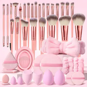 43Pcs Pink Makeup Brush Full Set Includes 25Pcs Durable Makeup Brushes & Blending Brush & Makeup Sponges, Beauty Sponge & Circular Makeup Puff & Triangle Puff & Headband & Wristbands & Brush Cleaning Tool for Salon-Worthy Results Makeup Brush Kit