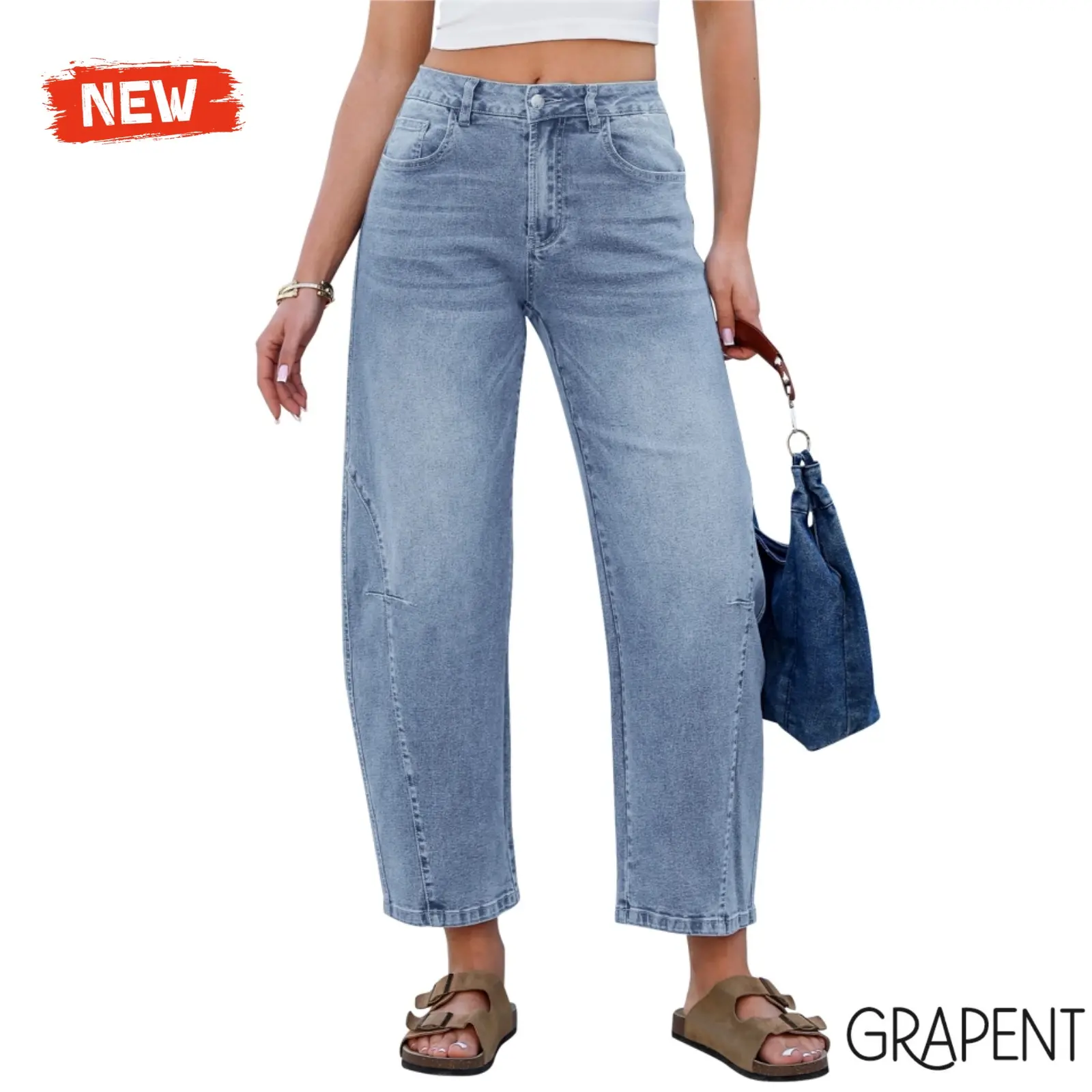 【GRAPENT Barrel Jeans Collection】Women's Denim Bottoms, Zip-Front Crop High-Rise Wide-Leg Pants with Side Seam Detail, Cotton Blend Elastane Stretchy Streetwear Casual Women's Clothes