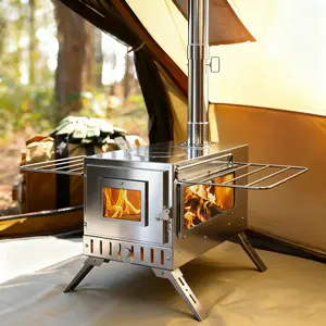 Portable Outdoor Camping Wood Burning Stove Stainless Steel Hot Tent Stove with Chimney Pipes for Winter Heating