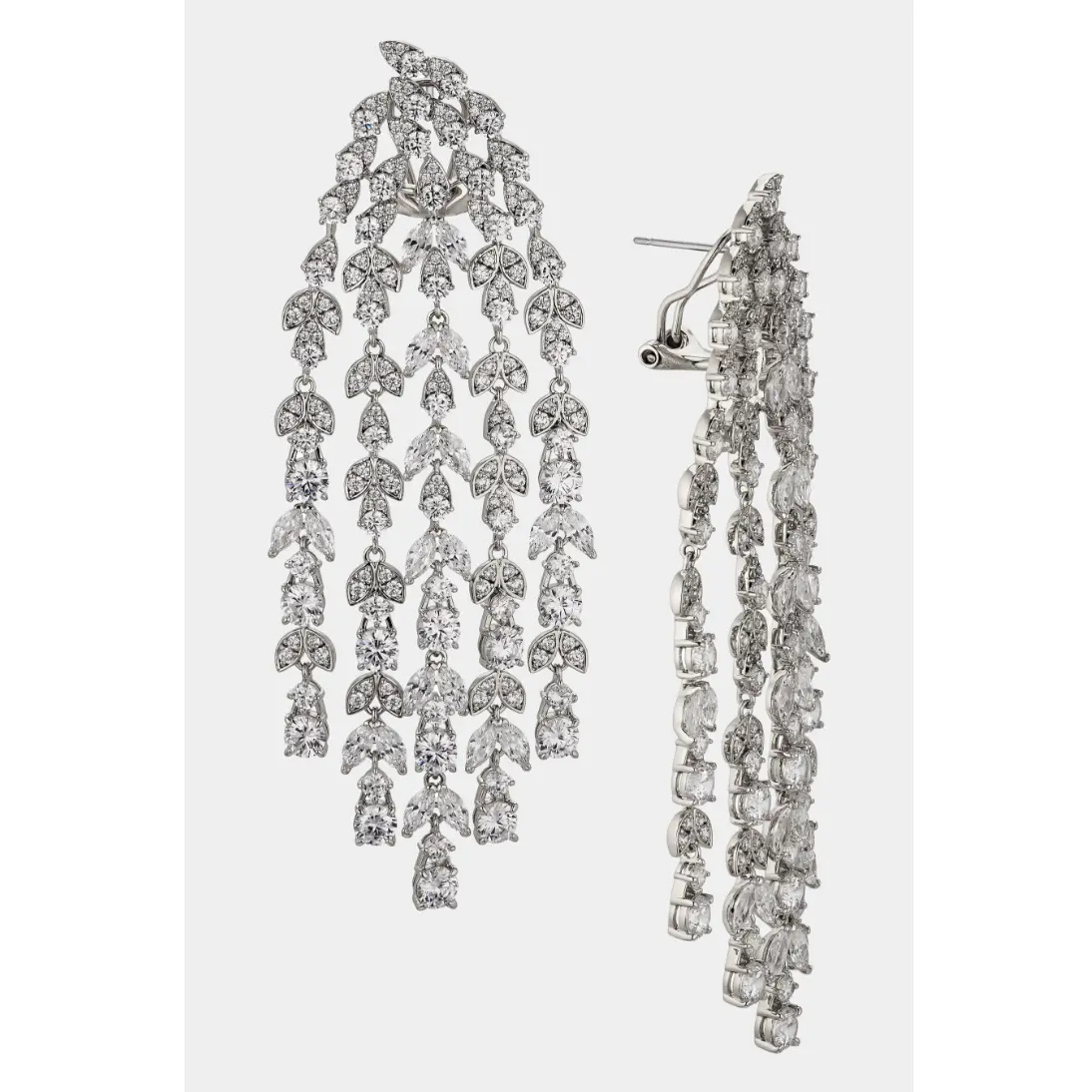 Midsummer Cascade Drama Earrings - 18KT Gold or Rhodium Plated Brass Cascading Rhinestones 3.25 Inch Length Post Back Closure Timeless Elegance