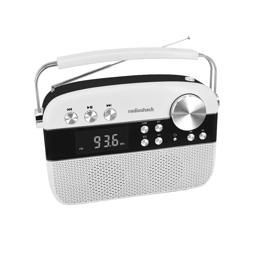 RadioShack Rechargeable AM/FM Dual-Band Vintage Radio, Compact Portable Carry Audio Speaker with Bluetooth, USB, TF Ports, White 1202267, Multifunctional Portable Radio