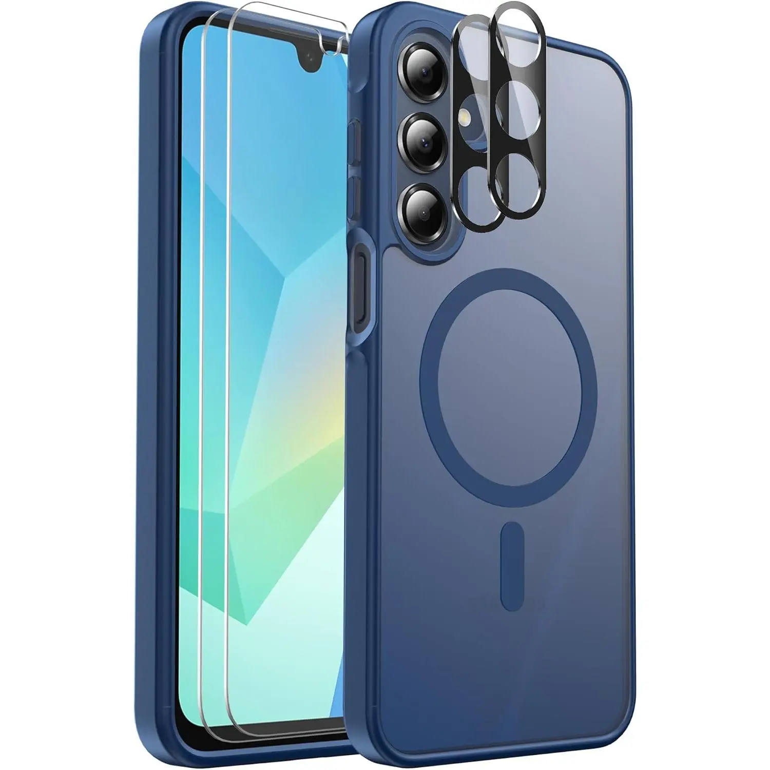 Samsung Galaxy A16 5G Smartphone Case - Translucent Back Shockproof Hybrid Protection Accessory with 2-Pack Tempered Glass Screen Protector, Camera Lens Protector, Easy Installation (Navy)