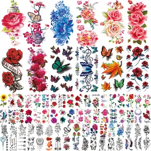 82 Sheets Flowers Temporary Tattoos Stickers, Roses, Butterflies and Multi-Colored Mixed Style Body Art Temporary Tattoos for Women, Girls or Kids Waterproof scene accessories Henna Designs