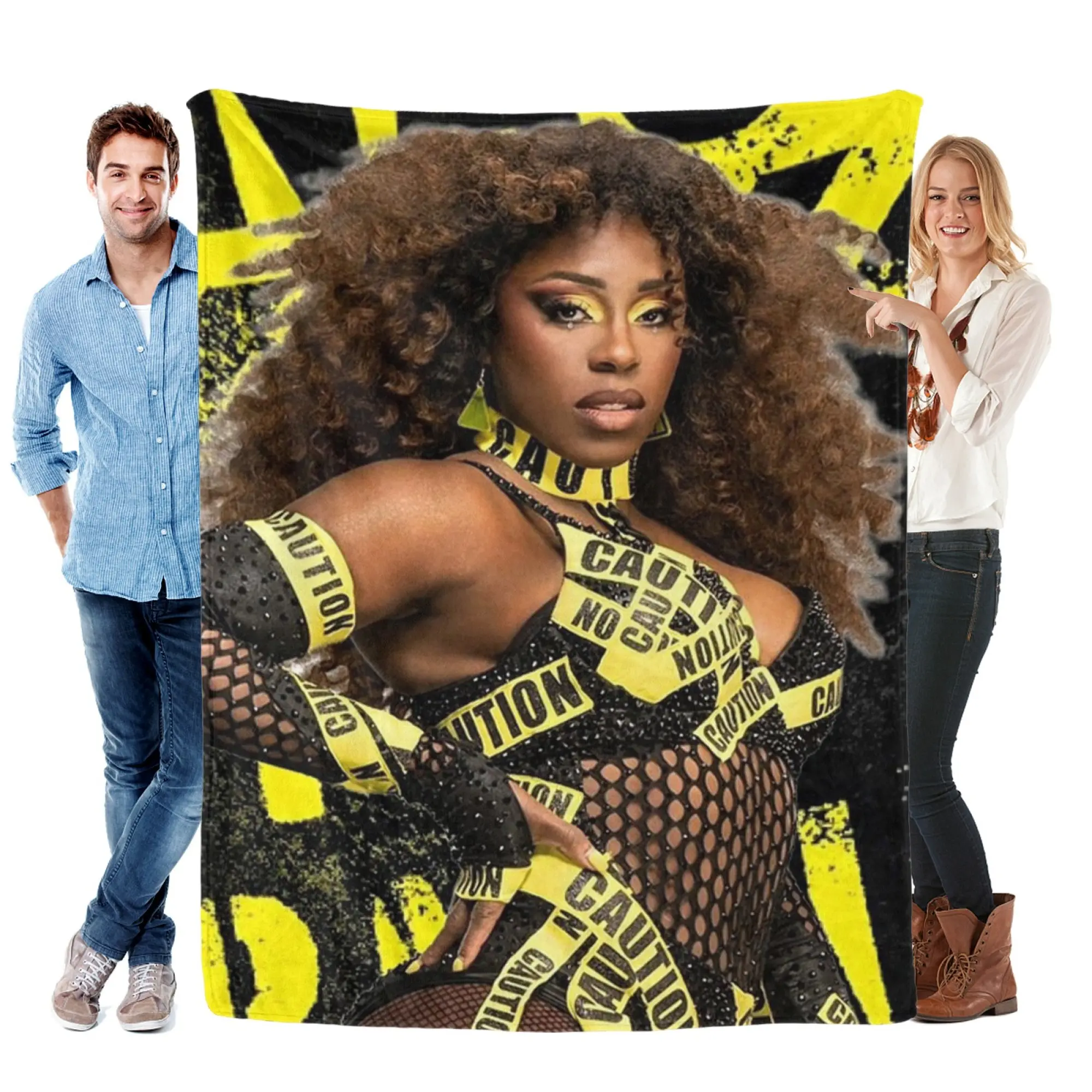 WWE Naomi Caution Tape Durable Fleece Blanket - Wrestling Superstar "Feel The Glow" Black-Yellow Print Throw, Wrinkle Resistant Soft Blankets for Bed-Couch, Home Room-House Decor All-Season Fan Gift, Room Decor
