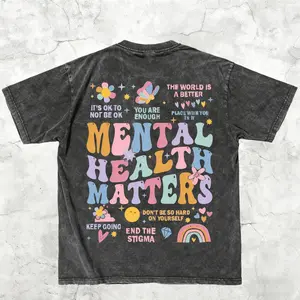 Mental Health Washed T-Shirt, Vintage Positive Quote Graphic, Inspirational Floral Graphic Tee For Women, Soft Breathable Fabric, Fashion Streetwear, Outfits For All Seasons