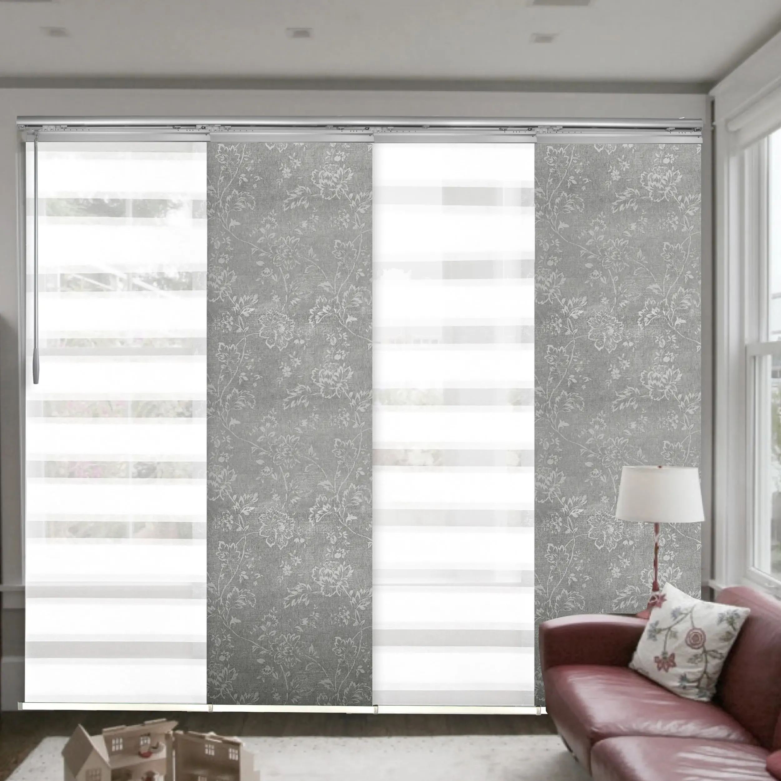 4-Panel Single Rail Panel Track Blind Extendable 48"-88"W x 91.4"H, Panel width 23.5", Macadamia, Carolyn