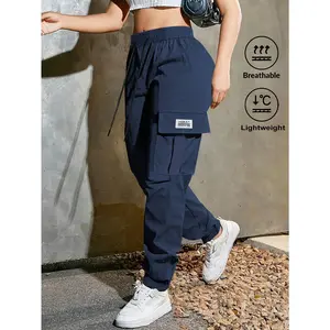 Women's Trendy Solid Cargo Pants - Large Pockets, Drawstring Waist, Casual Streetwear Trousers for Sports & Everyday Wear