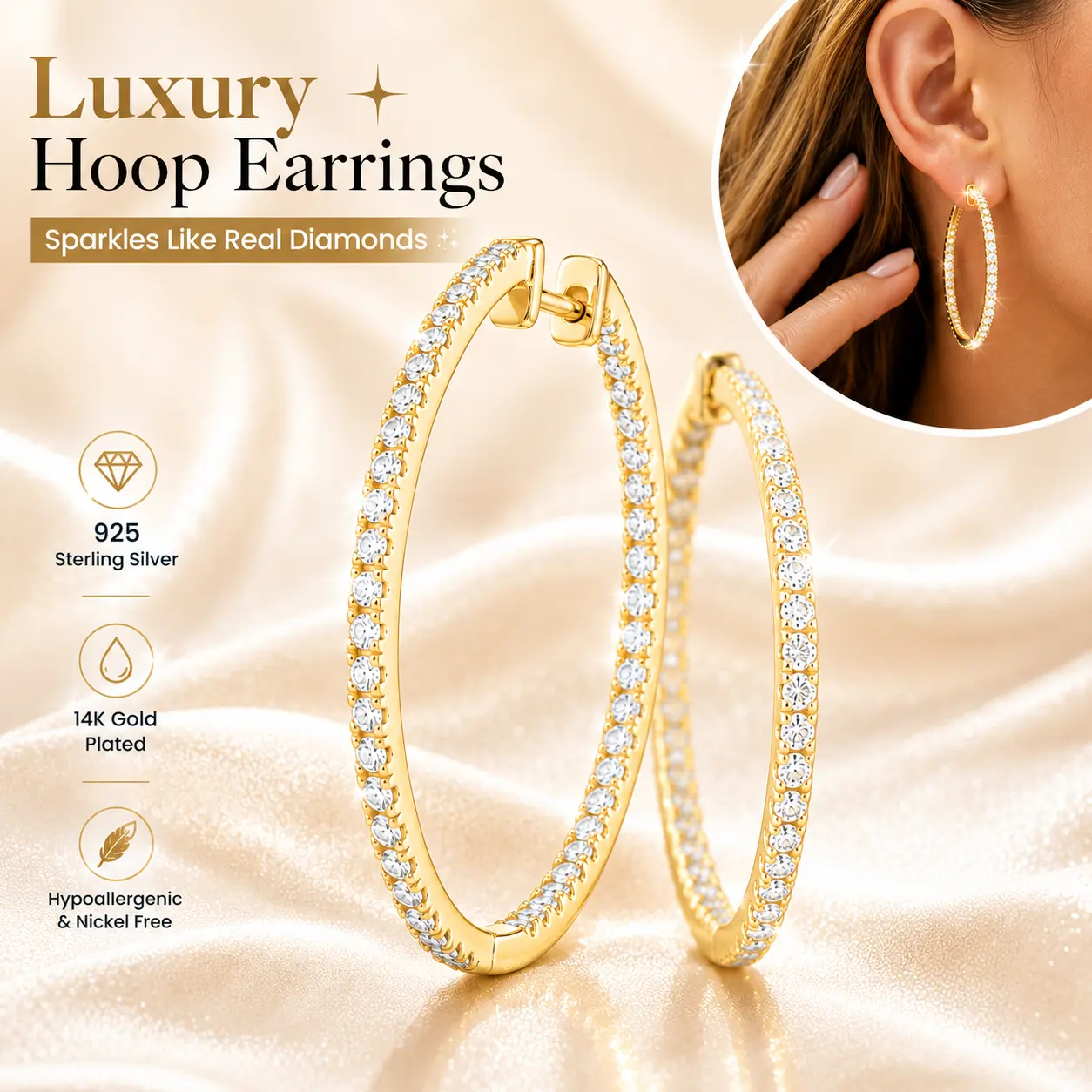 Sparkling Classic Oval Hoop Earrings for Women, 14K Gold Plated 925 Sterling Silver CZ Earrings, Hypoallergenic Lightweight Minimalist Jewelry for Sensitive Ears, Everyday Wear & Gift for Her