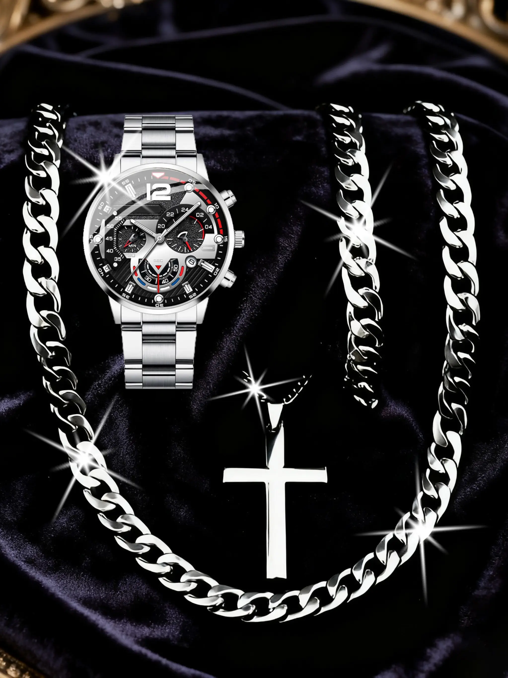 Men's Business Casual Quartz Watch & Necklace & Bracelet Set, Jewelry Sets, Perfect Gift for Holidays, Birthdays & Father's Day, Men's Jewelry